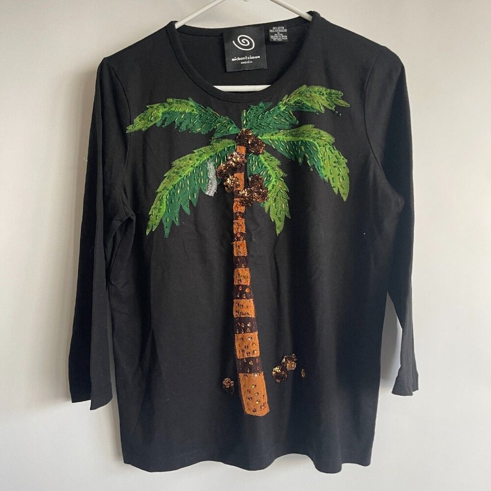 Michael Simon Event Womens Palm Tree Embellished Top Medium Black Art to Wear